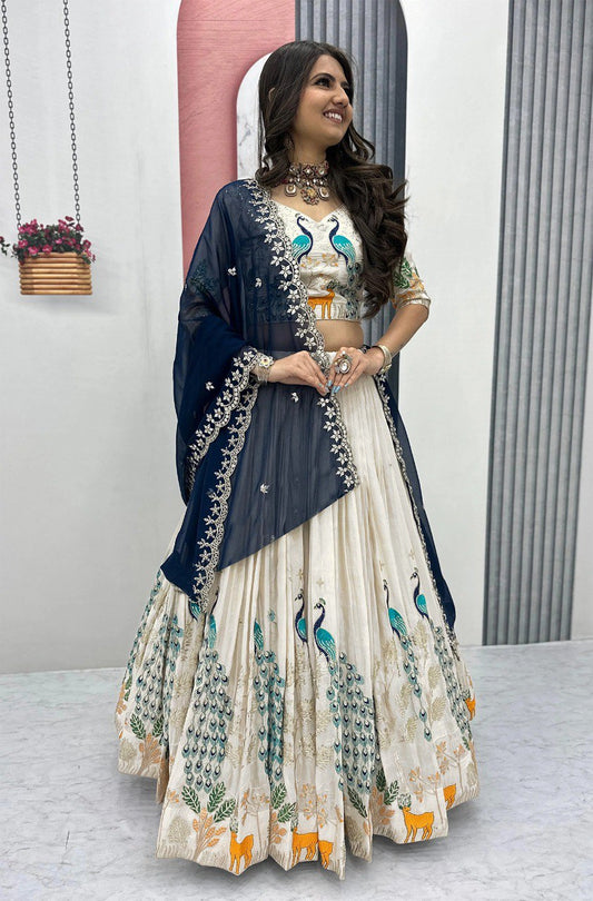 Embellished Semi Stitched Lehenga Choli  (White)