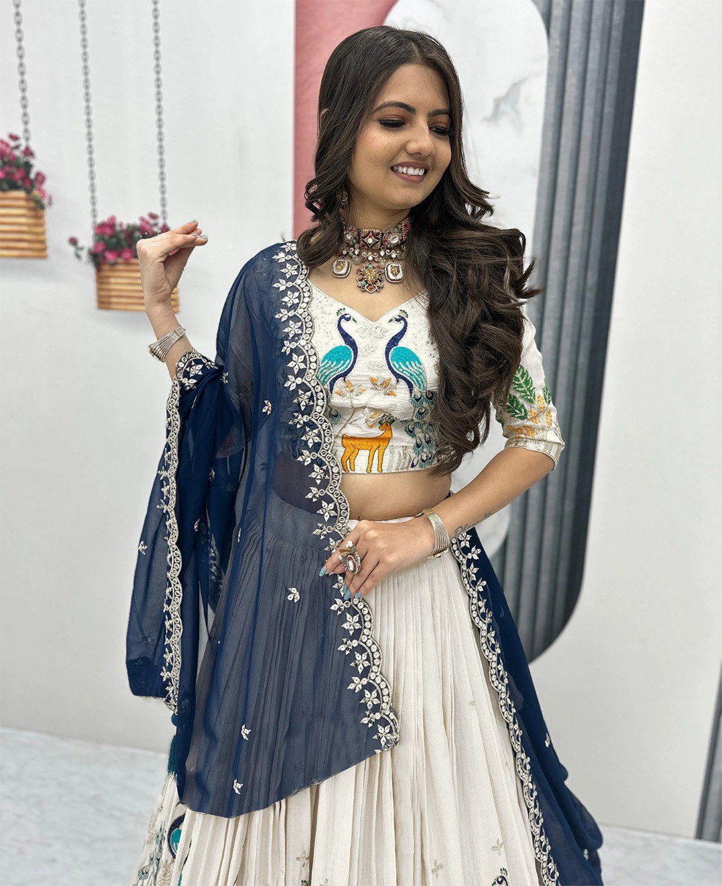 Embellished Semi Stitched Lehenga Choli  (White)