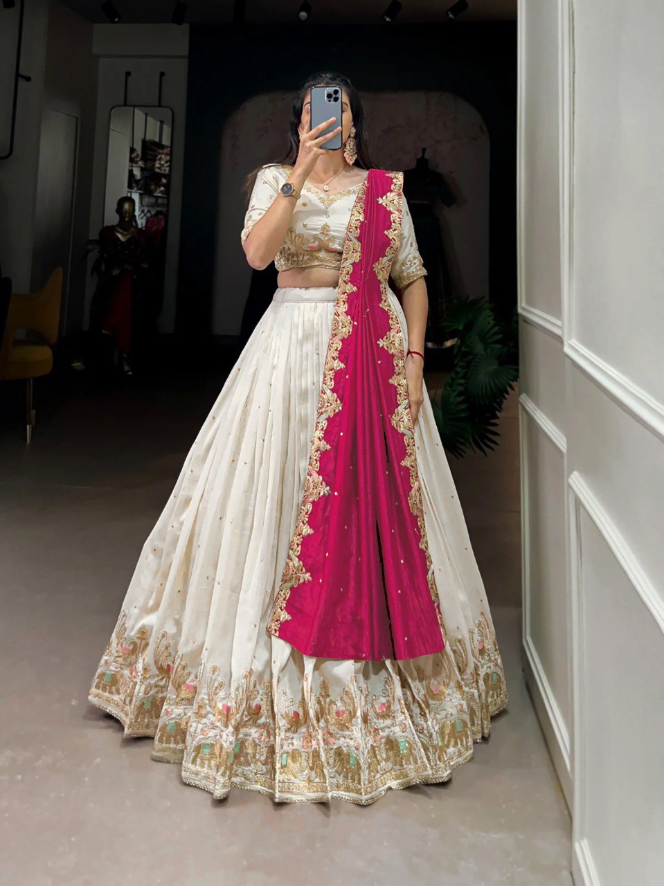 Embellished Semi Stitched Lehenga Choli  (White)