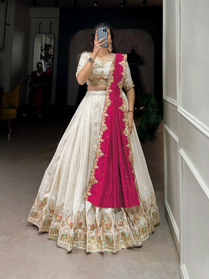 Embellished Semi Stitched Lehenga Choli  (White)