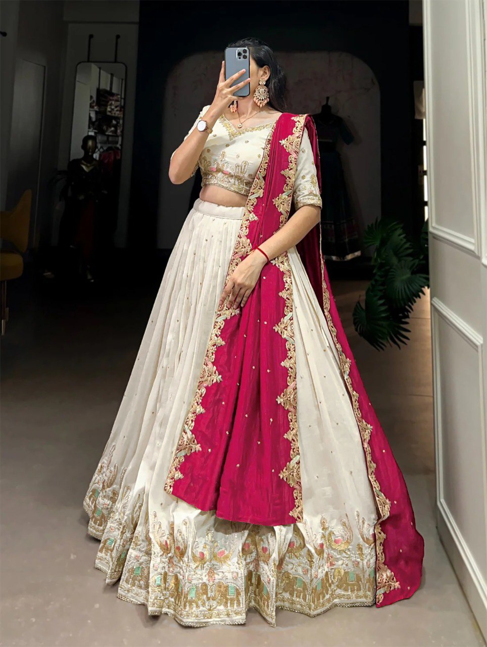 Embellished Semi Stitched Lehenga Choli  (White)