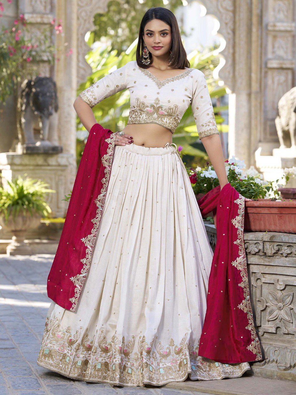 Embellished Semi Stitched Lehenga Choli  (White)