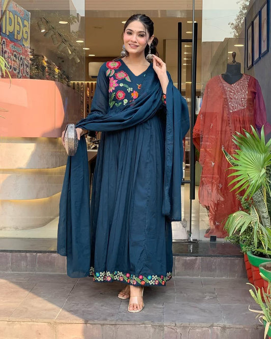Embroidered Georgette Stitched Anarkali Gown With dupatta