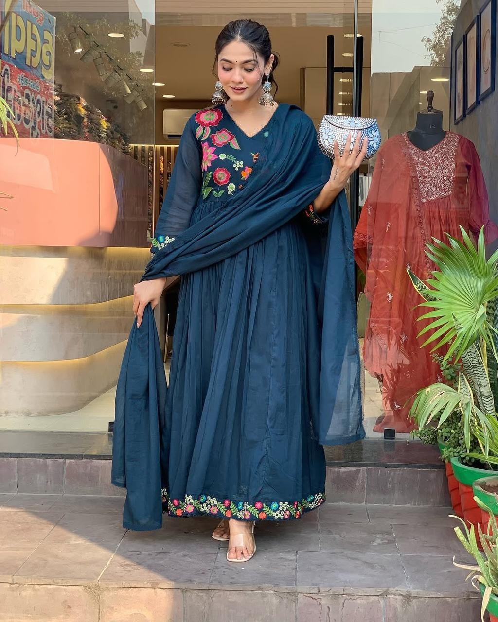 Embroidered Georgette Stitched Anarkali Gown With dupatta