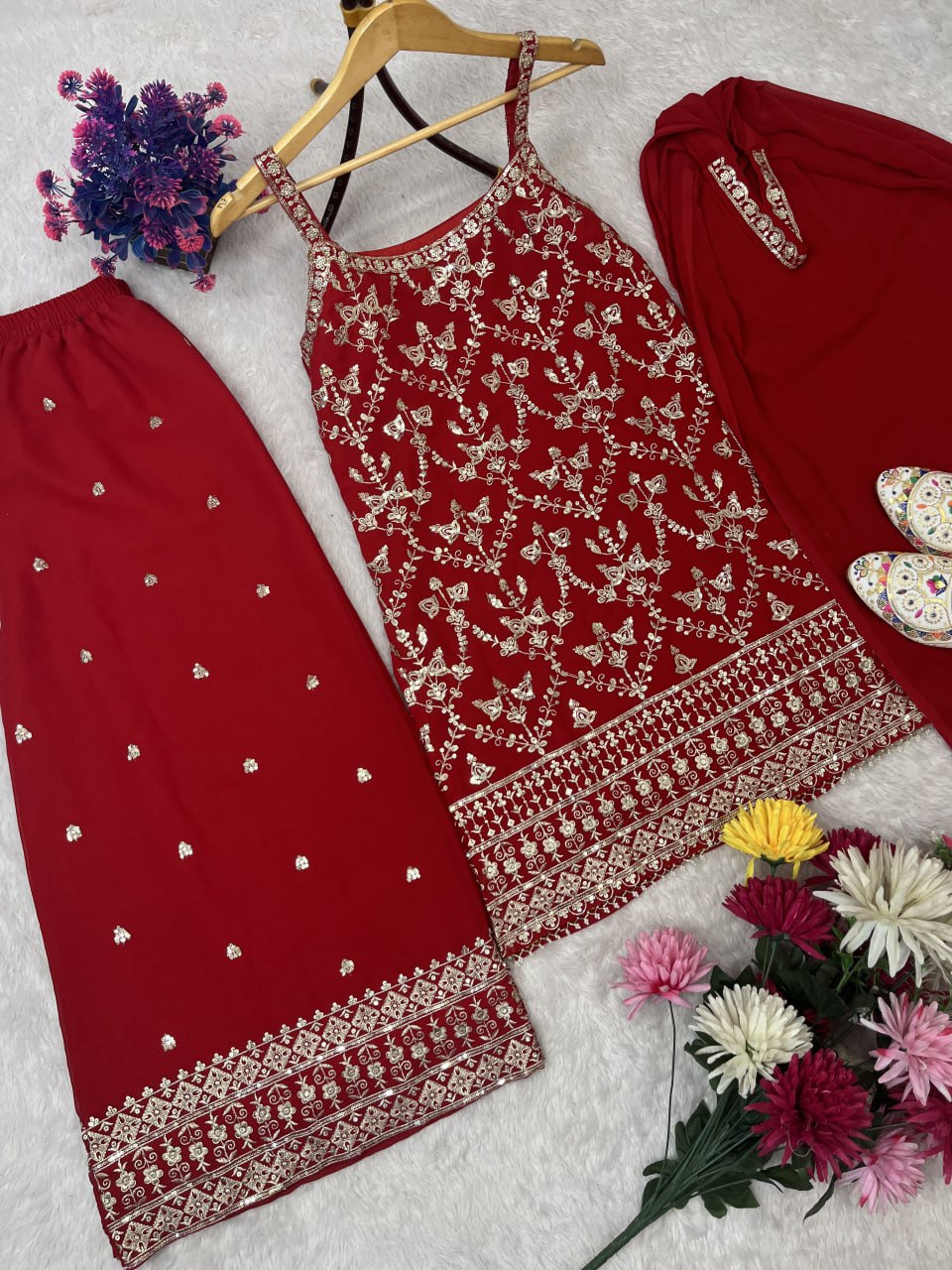 SEQUENCE EMBROIDERY ON SILK FABRIC TOP AND PLAZZO WITH DUPATTA SET