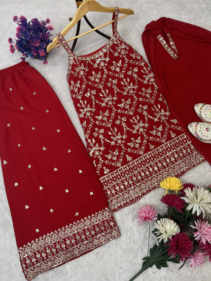 SEQUENCE EMBROIDERY ON SILK FABRIC TOP AND PLAZZO WITH DUPATTA SET