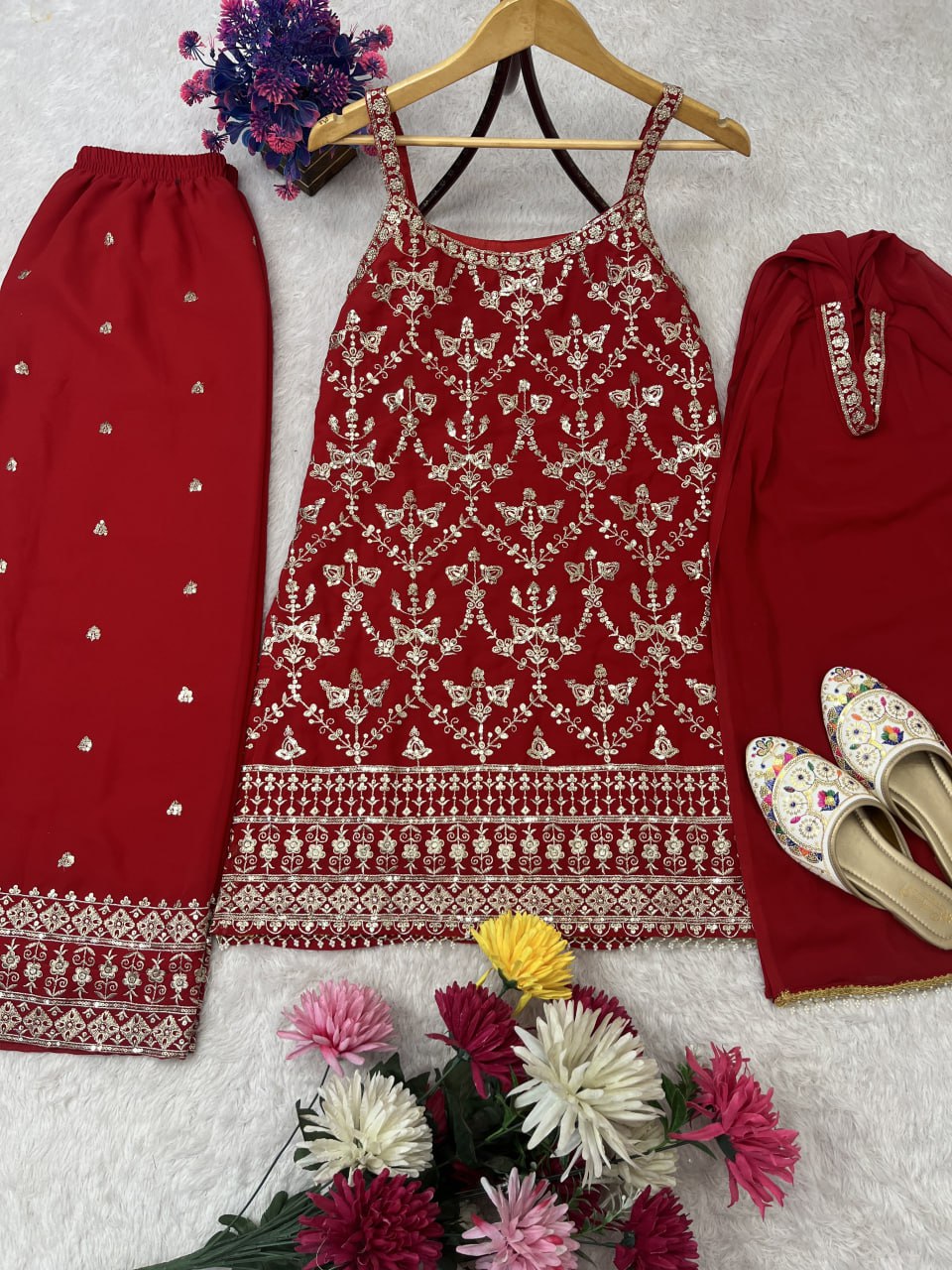SEQUENCE EMBROIDERY ON SILK FABRIC TOP AND PLAZZO WITH DUPATTA SET