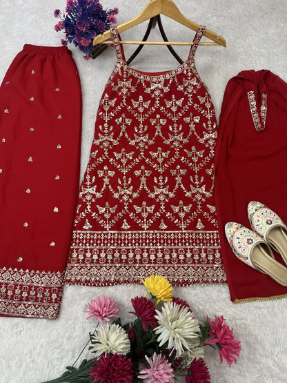 SEQUENCE EMBROIDERY ON SILK FABRIC TOP AND PLAZZO WITH DUPATTA SET