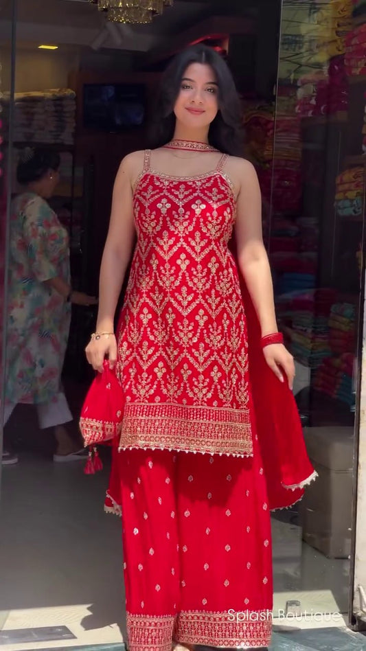 SEQUENCE EMBROIDERY ON SILK FABRIC TOP AND PLAZZO WITH DUPATTA SET