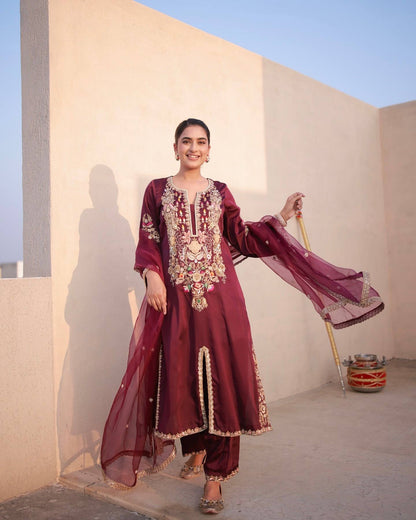 Satin Silk Fancy Top & Palazzo With Dupatta set