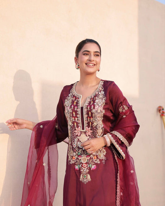 Satin Silk Fancy Top & Palazzo With Dupatta set