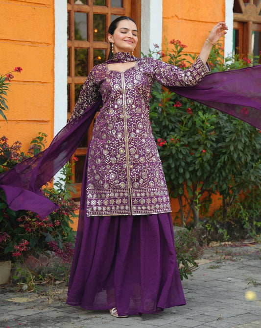 New Designer Embroidered  Sharara Suit With Sequence Embroidered Work And Real Mirror Work