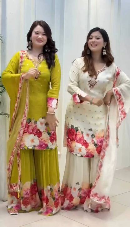 New Designer Party Wear Look Top-Plazzo and Dupatta With Heavy Embroidery Work