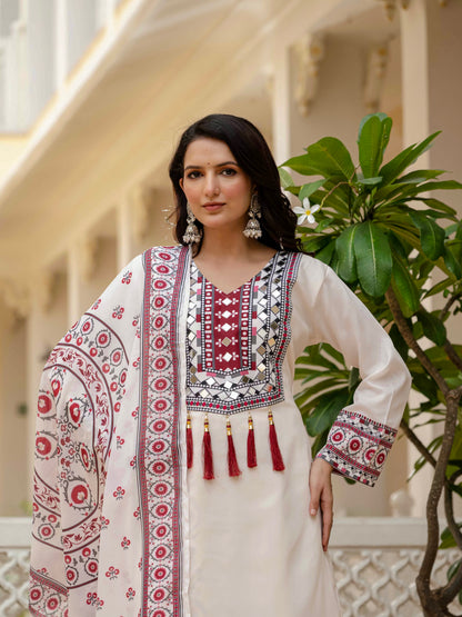 TRENDING TOP WITH PRINTED WORK AND REAL MIRROR WORK WITH PLAZZO AND DUPATTA SET
