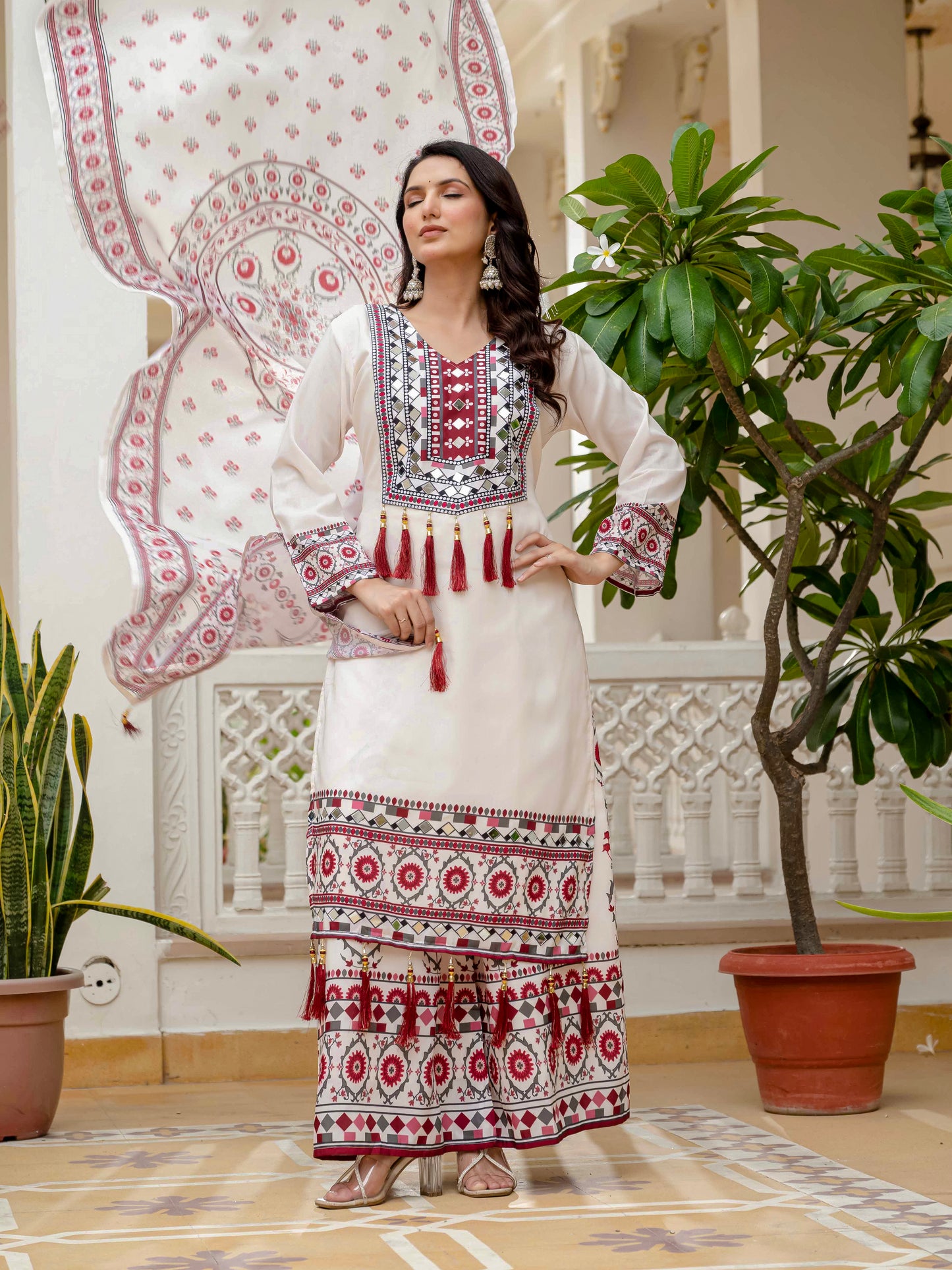 TRENDING TOP WITH PRINTED WORK AND REAL MIRROR WORK WITH PLAZZO AND DUPATTA SET