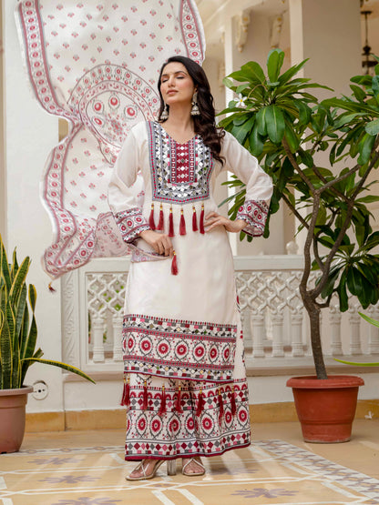 TRENDING TOP WITH PRINTED WORK AND REAL MIRROR WORK WITH PLAZZO AND DUPATTA SET