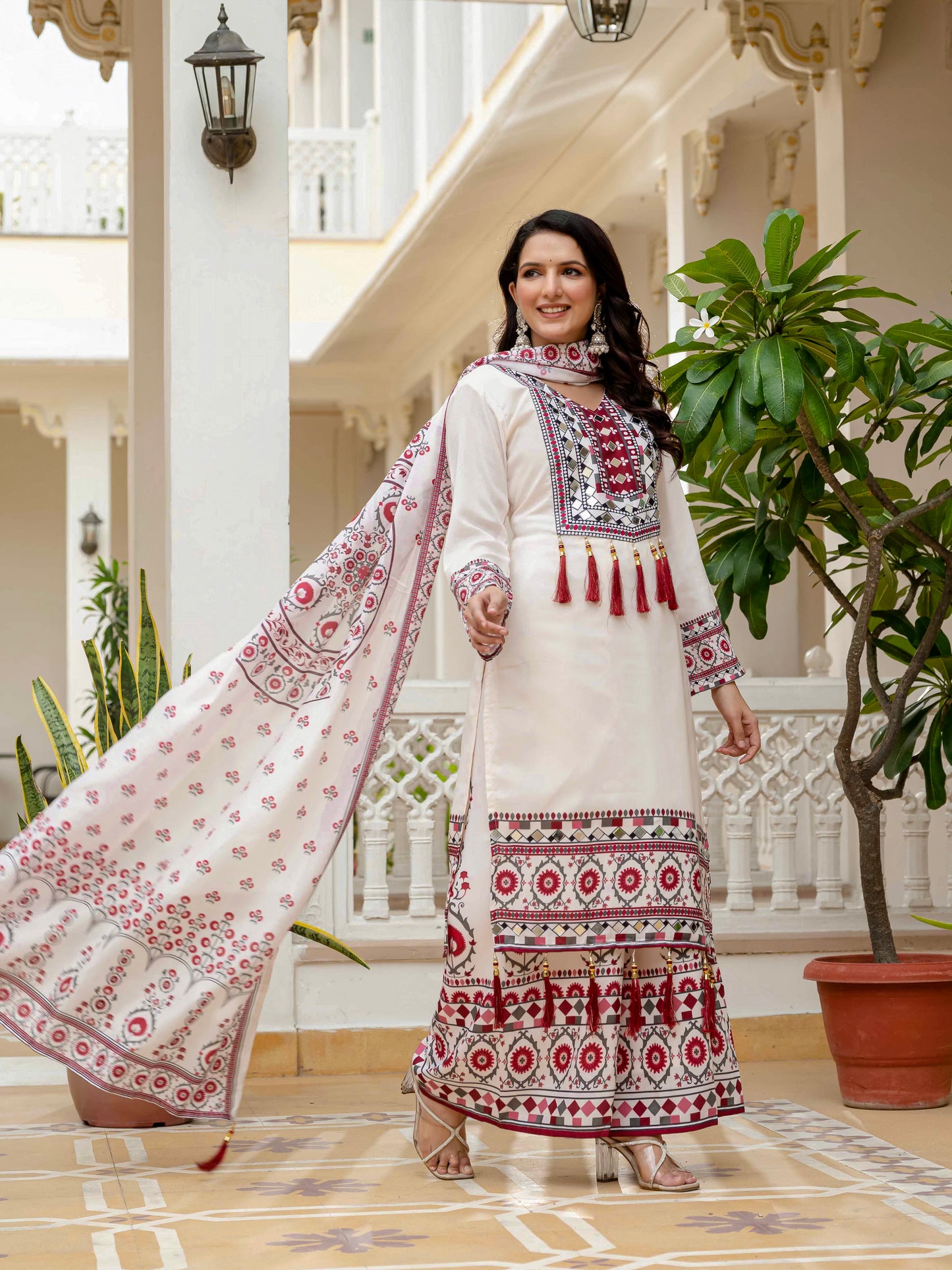 TRENDING TOP WITH PRINTED WORK AND REAL MIRROR WORK WITH PLAZZO AND DUPATTA SET