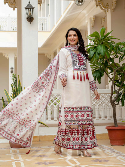 TRENDING TOP WITH PRINTED WORK AND REAL MIRROR WORK WITH PLAZZO AND DUPATTA SET