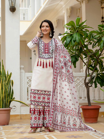 TRENDING TOP WITH PRINTED WORK AND REAL MIRROR WORK WITH PLAZZO AND DUPATTA SET