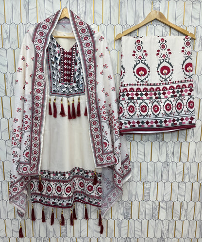 TRENDING TOP WITH PRINTED WORK AND REAL MIRROR WORK WITH PLAZZO AND DUPATTA SET