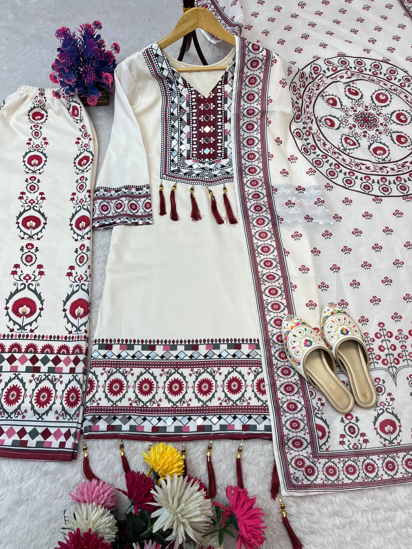 TRENDING TOP WITH PRINTED WORK AND REAL MIRROR WORK WITH PLAZZO AND DUPATTA SET