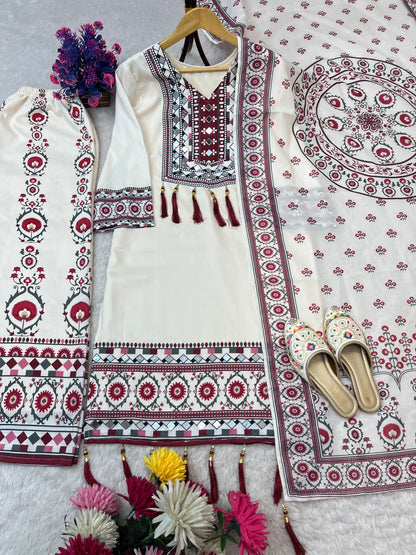 TRENDING TOP WITH PRINTED WORK AND REAL MIRROR WORK WITH PLAZZO AND DUPATTA SET