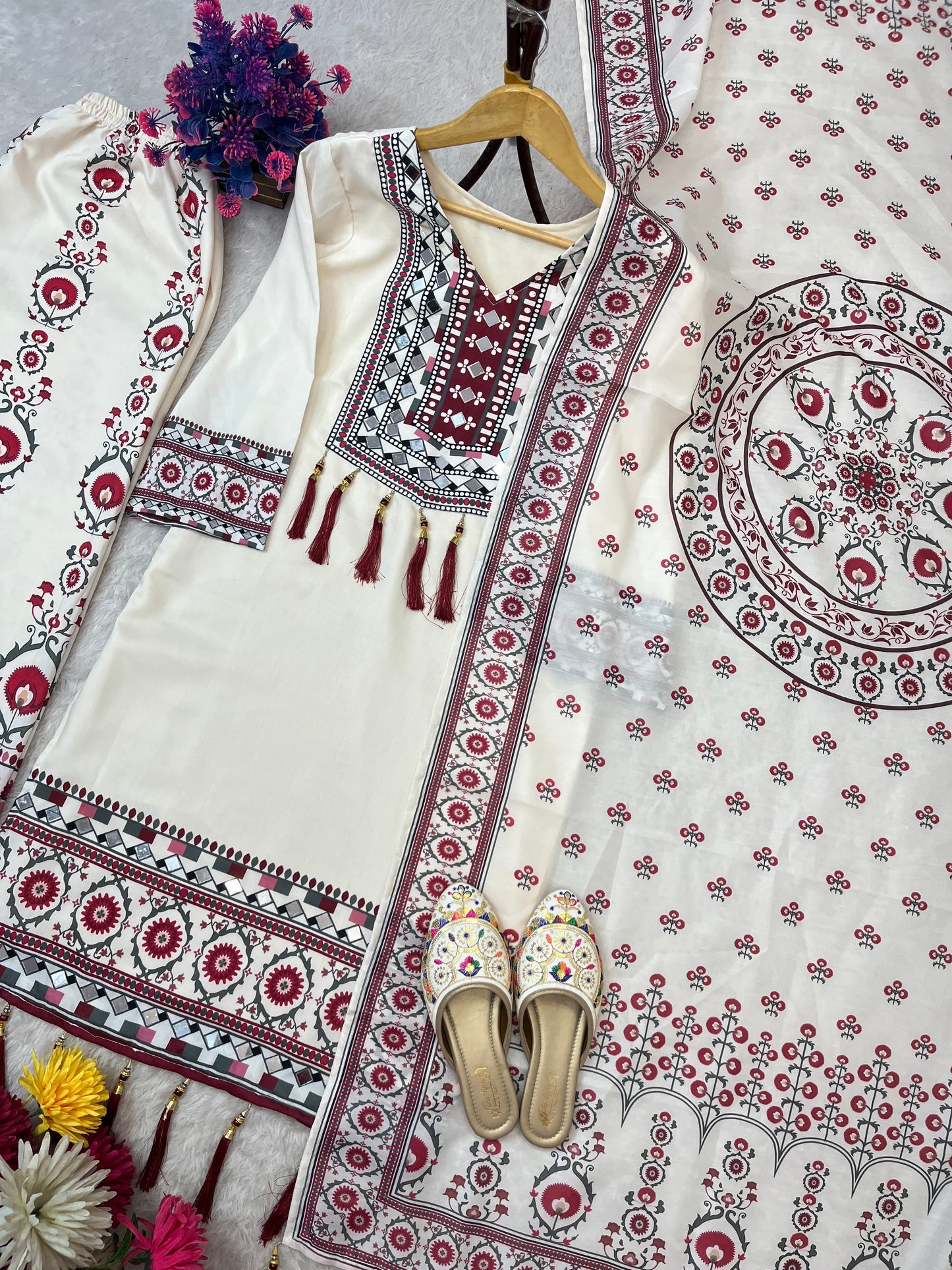 TRENDING TOP WITH PRINTED WORK AND REAL MIRROR WORK WITH PLAZZO AND DUPATTA SET