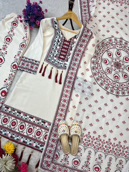 TRENDING TOP WITH PRINTED WORK AND REAL MIRROR WORK WITH PLAZZO AND DUPATTA SET