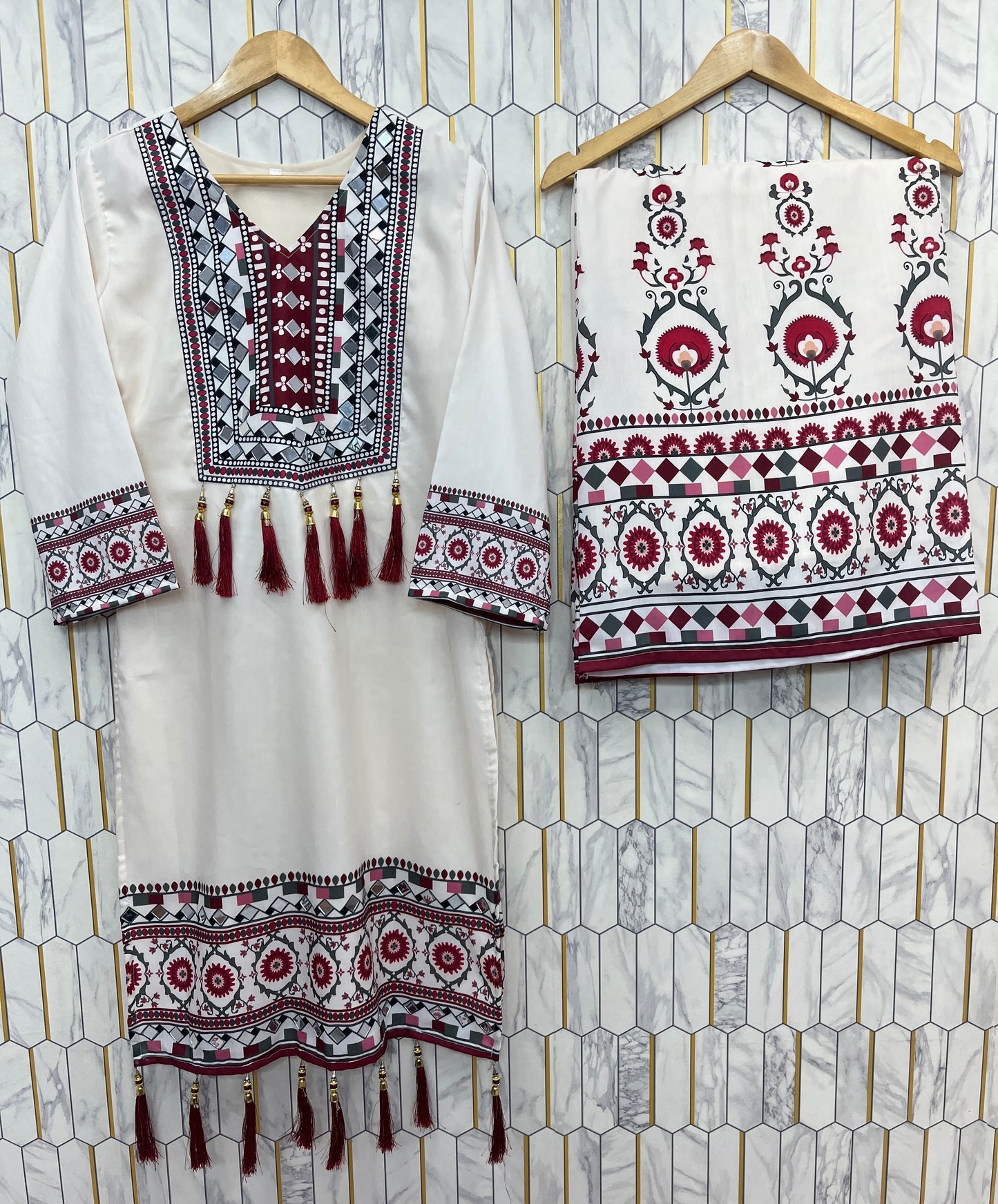 TRENDING TOP WITH PRINTED WORK AND REAL MIRROR WORK WITH PLAZZO AND DUPATTA SET