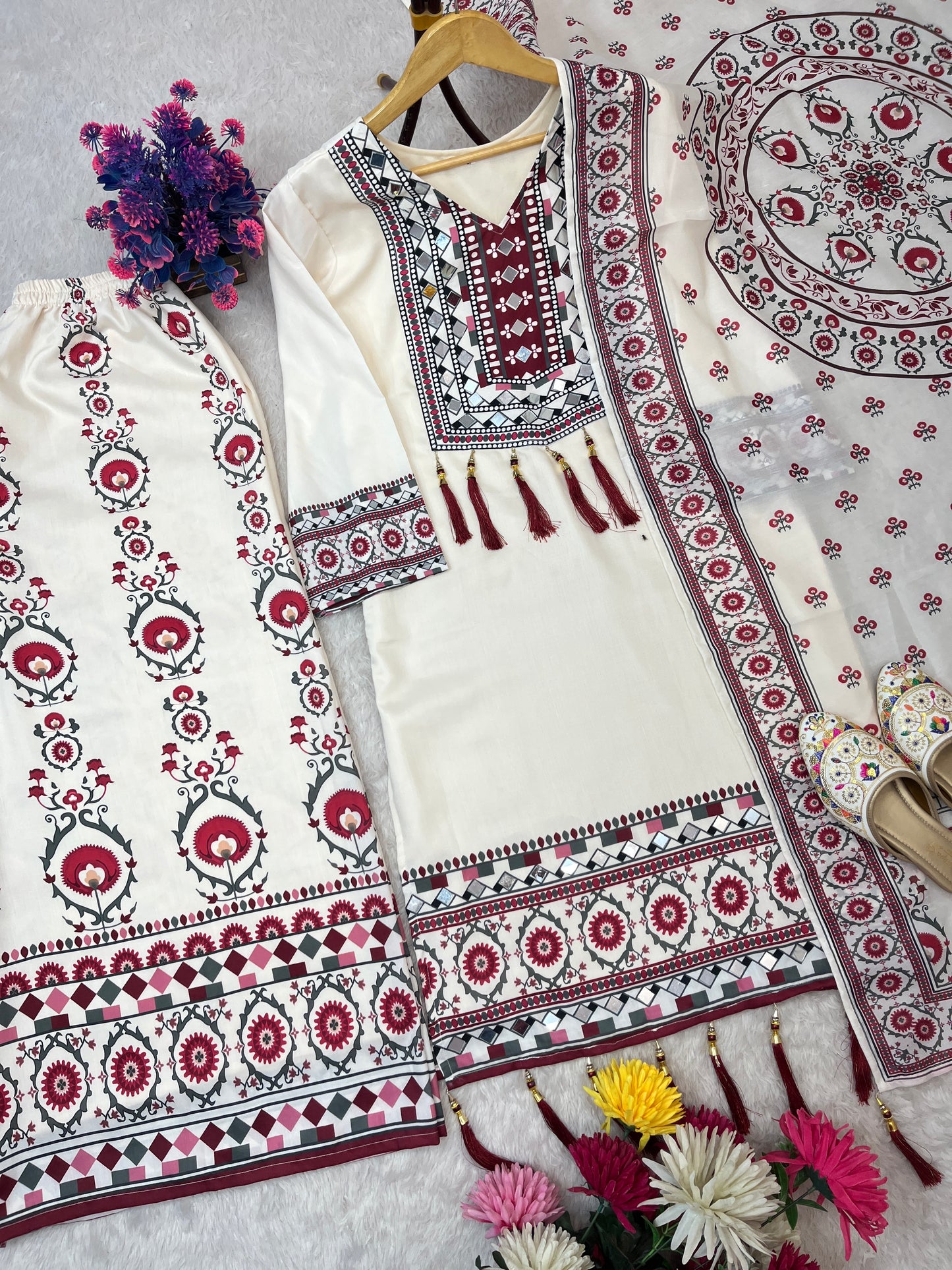 TRENDING TOP WITH PRINTED WORK AND REAL MIRROR WORK WITH PLAZZO AND DUPATTA SET