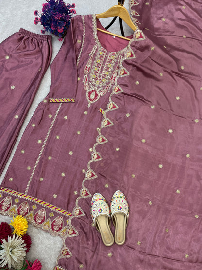 SEQUENCE EMBROIDERY ON SILK FABRIC TOP AND PLAZZO WITH DUPATTA