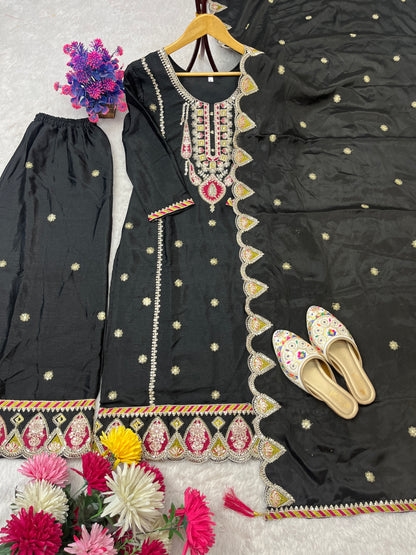 SEQUENCE EMBROIDERY ON SILK FABRIC TOP AND PLAZZO WITH DUPATTA