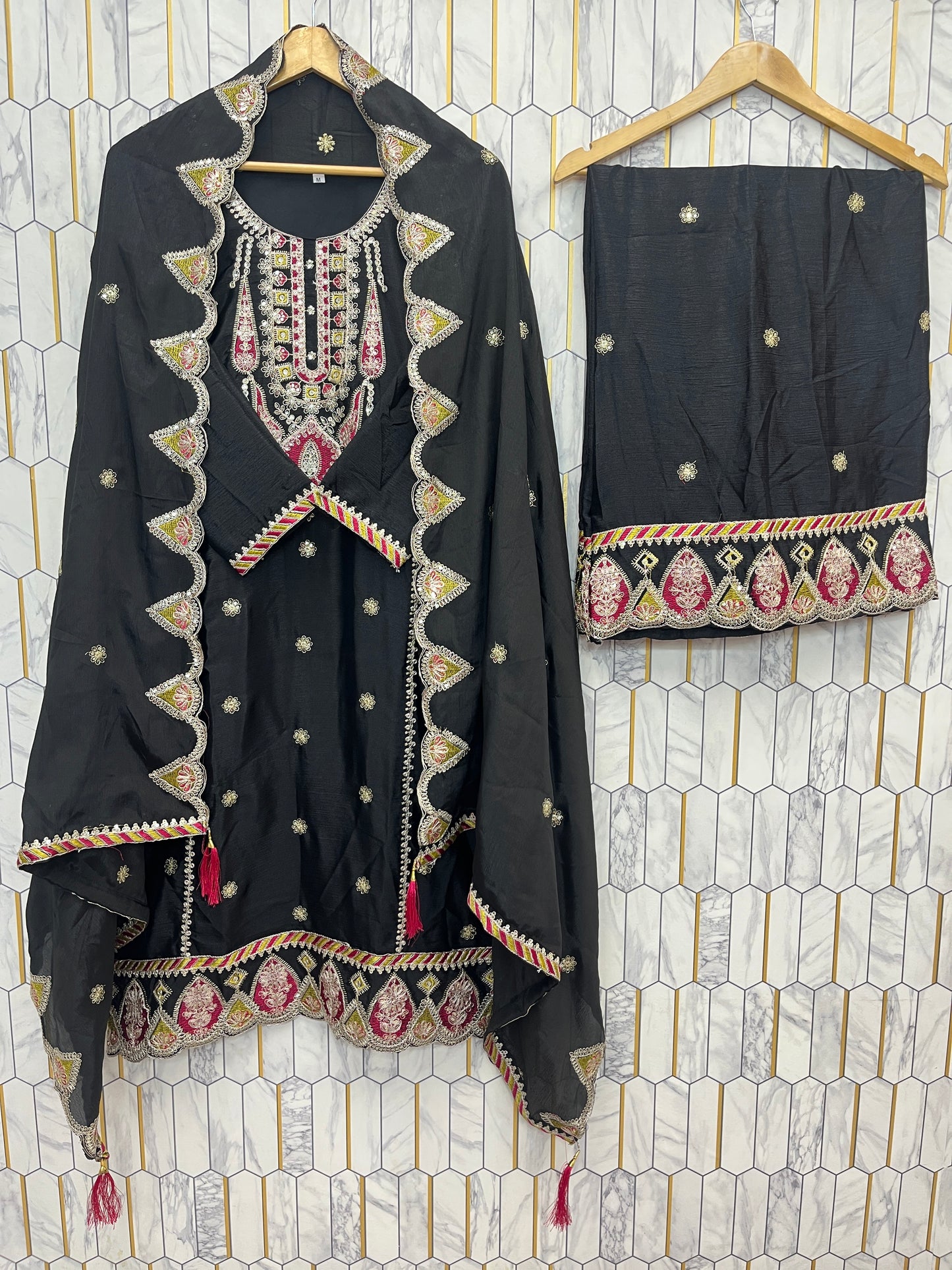 SEQUENCE EMBROIDERY ON SILK FABRIC TOP AND PLAZZO WITH DUPATTA