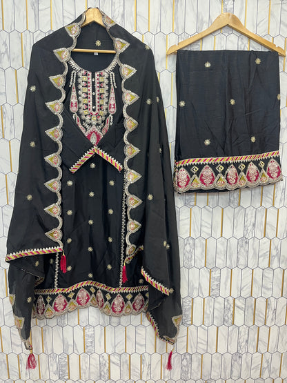 SEQUENCE EMBROIDERY ON SILK FABRIC TOP AND PLAZZO WITH DUPATTA