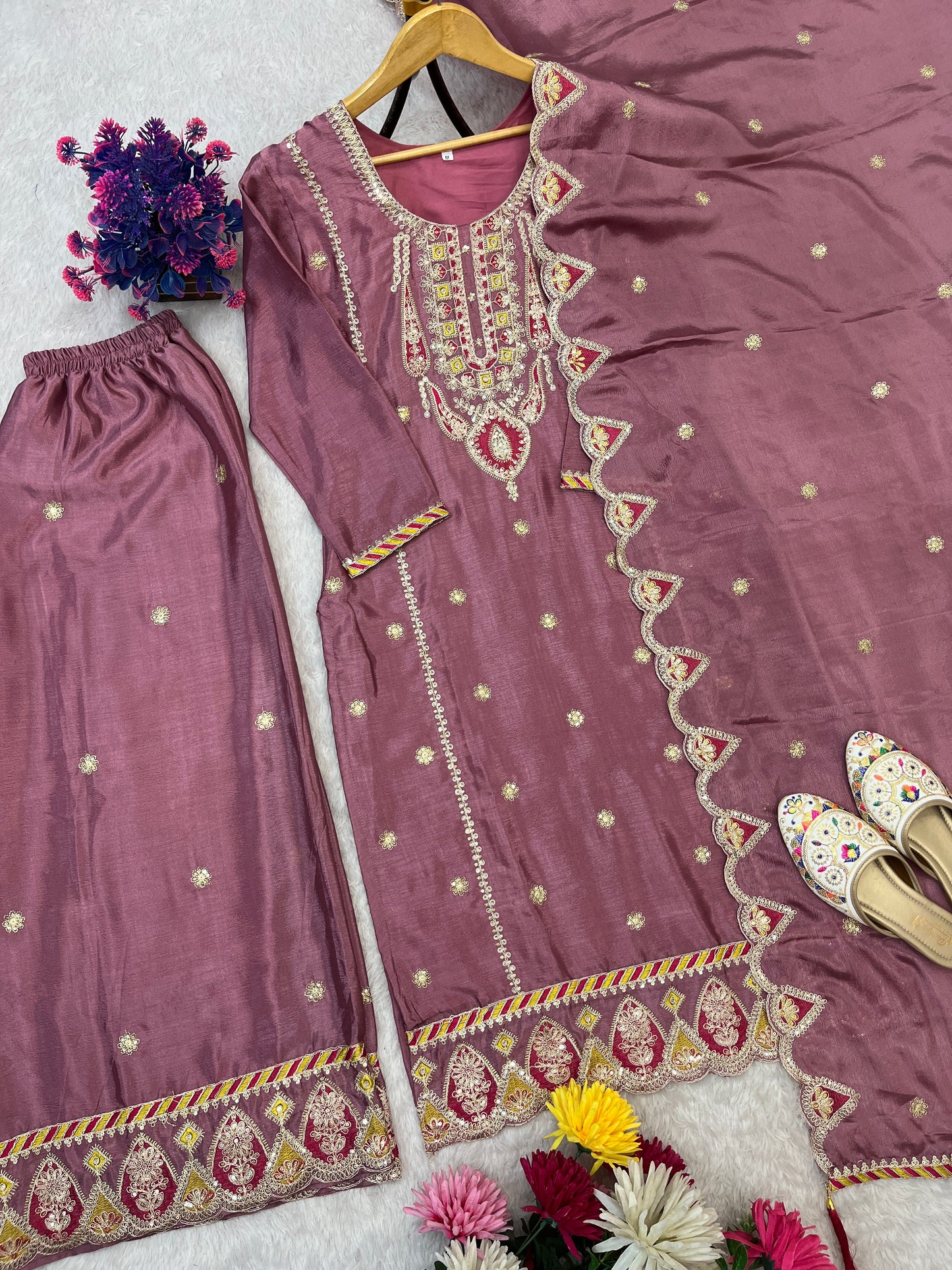 SEQUENCE EMBROIDERY ON SILK FABRIC TOP AND PLAZZO WITH DUPATTA
