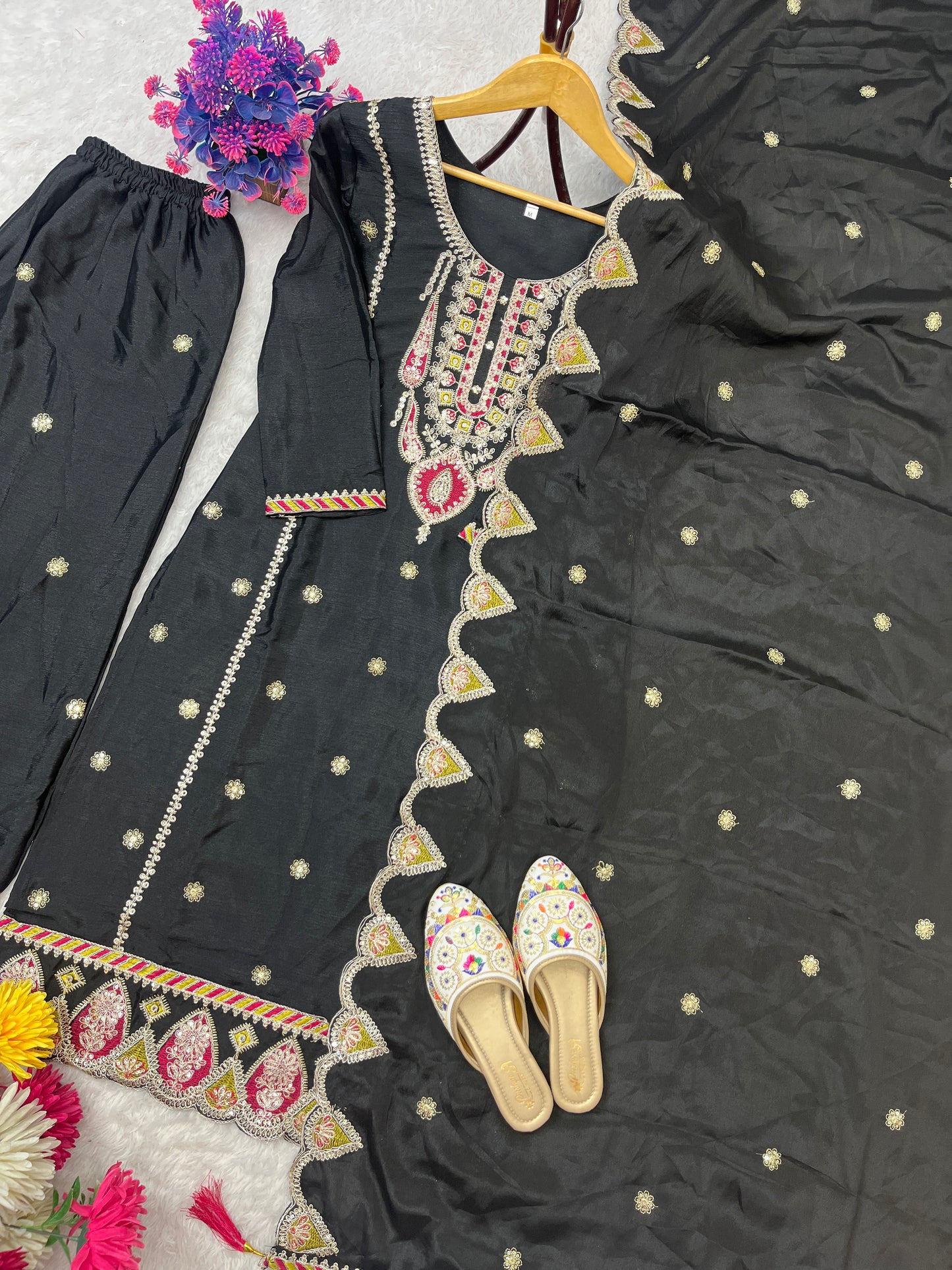 SEQUENCE EMBROIDERY ON SILK FABRIC TOP AND PLAZZO WITH DUPATTA