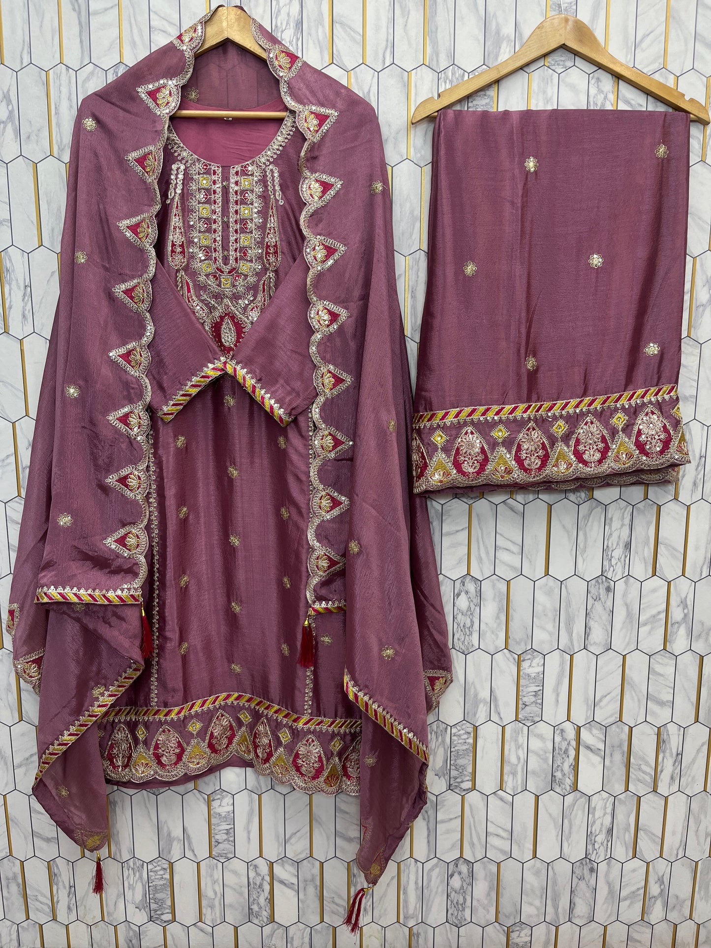 SEQUENCE EMBROIDERY ON SILK FABRIC TOP AND PLAZZO WITH DUPATTA