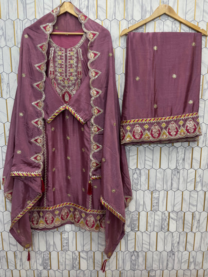 SEQUENCE EMBROIDERY ON SILK FABRIC TOP AND PLAZZO WITH DUPATTA