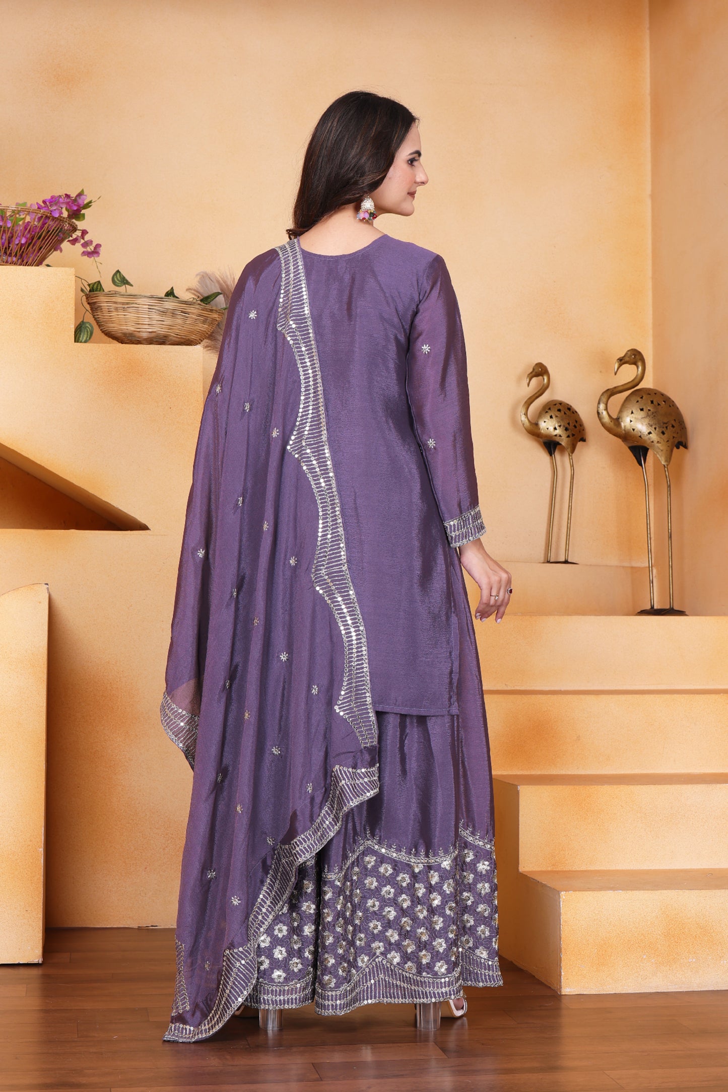 Embroidered Chinon Sharara Suit With Sequence Embroidered Work