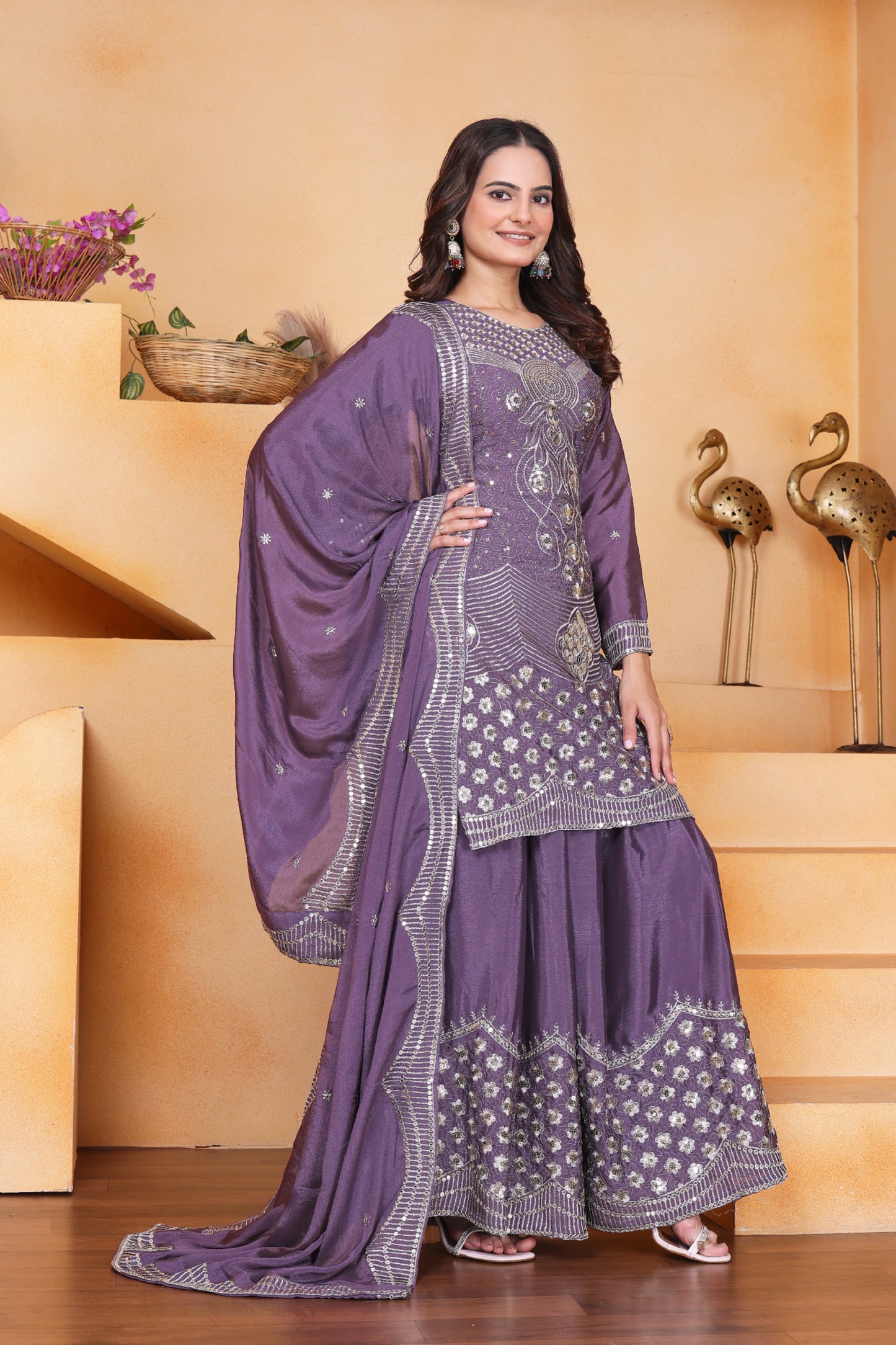 Embroidered Chinon Sharara Suit With Sequence Embroidered Work
