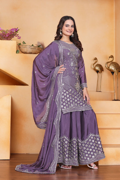 Embroidered Chinon Sharara Suit With Sequence Embroidered Work