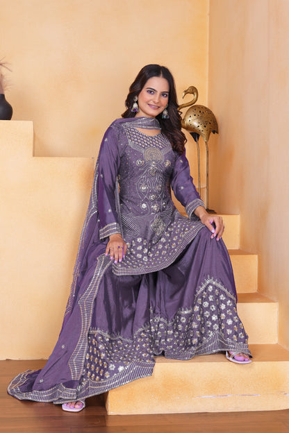 Embroidered Chinon Sharara Suit With Sequence Embroidered Work