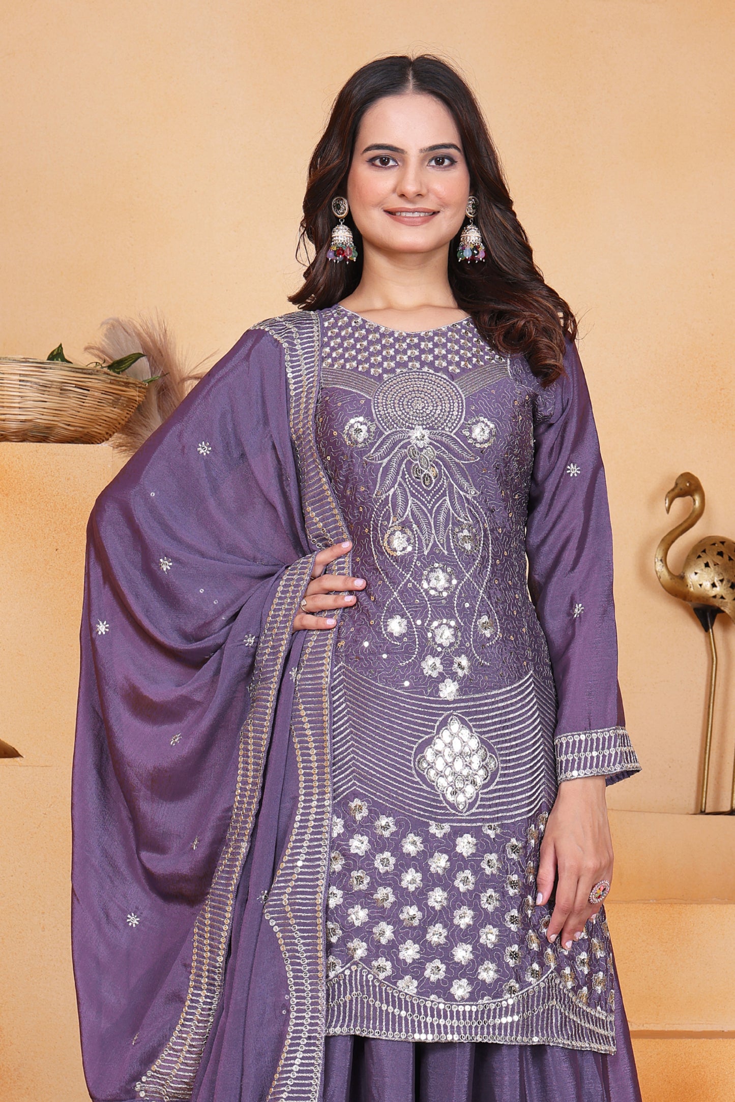 Embroidered Chinon Sharara Suit With Sequence Embroidered Work