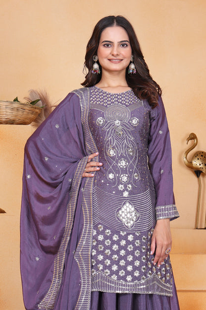 Embroidered Chinon Sharara Suit With Sequence Embroidered Work