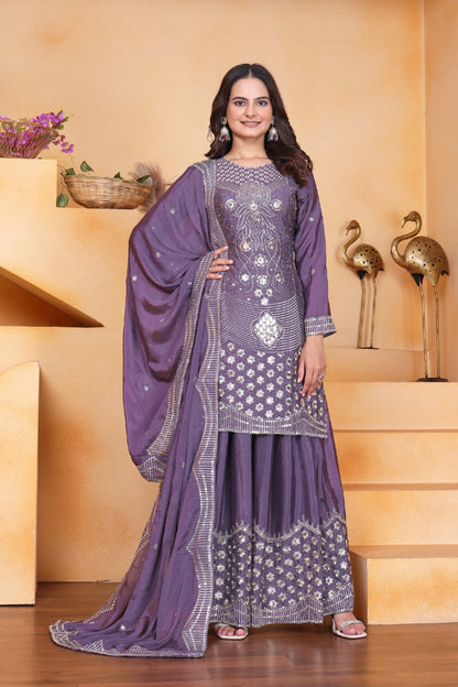 Embroidered Chinon Sharara Suit With Sequence Embroidered Work
