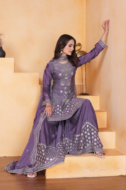 Embroidered Chinon Sharara Suit With Sequence Embroidered Work