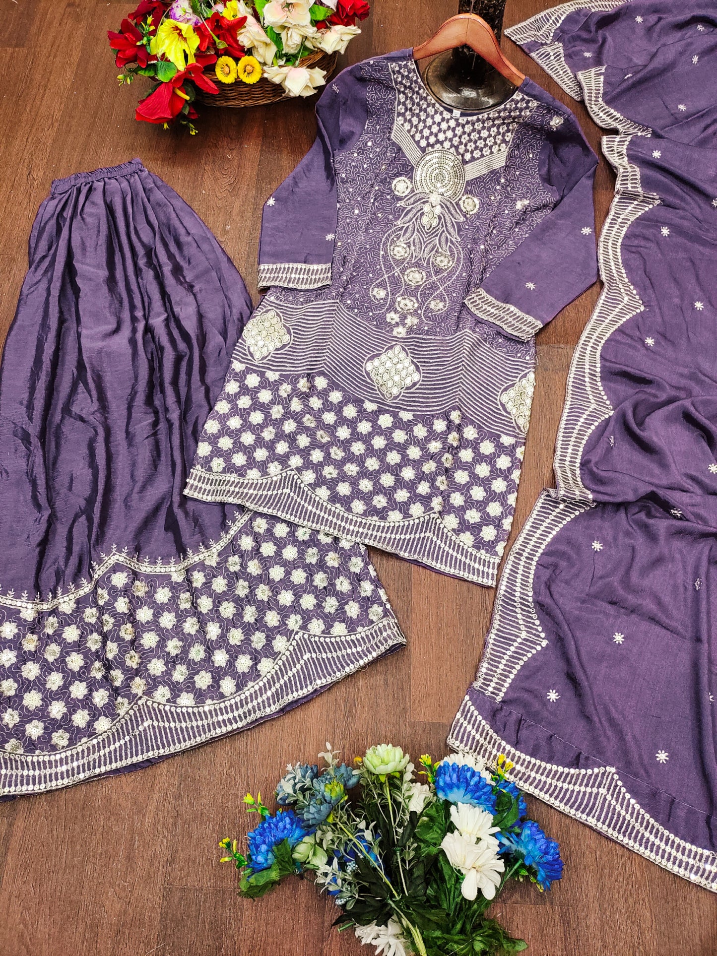 Embroidered Chinon Sharara Suit With Sequence Embroidered Work