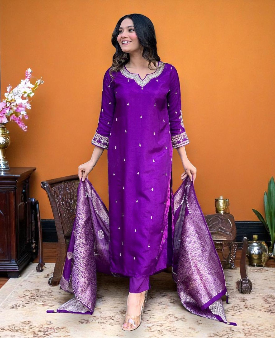 Women Silk Kurta Pant Dupatta Set