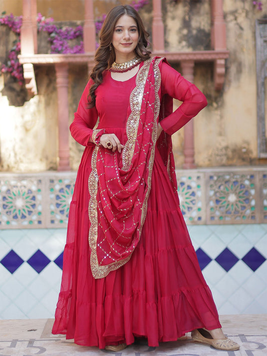 Embroidered Georgette Stitched Anarkali Gown With dupatta